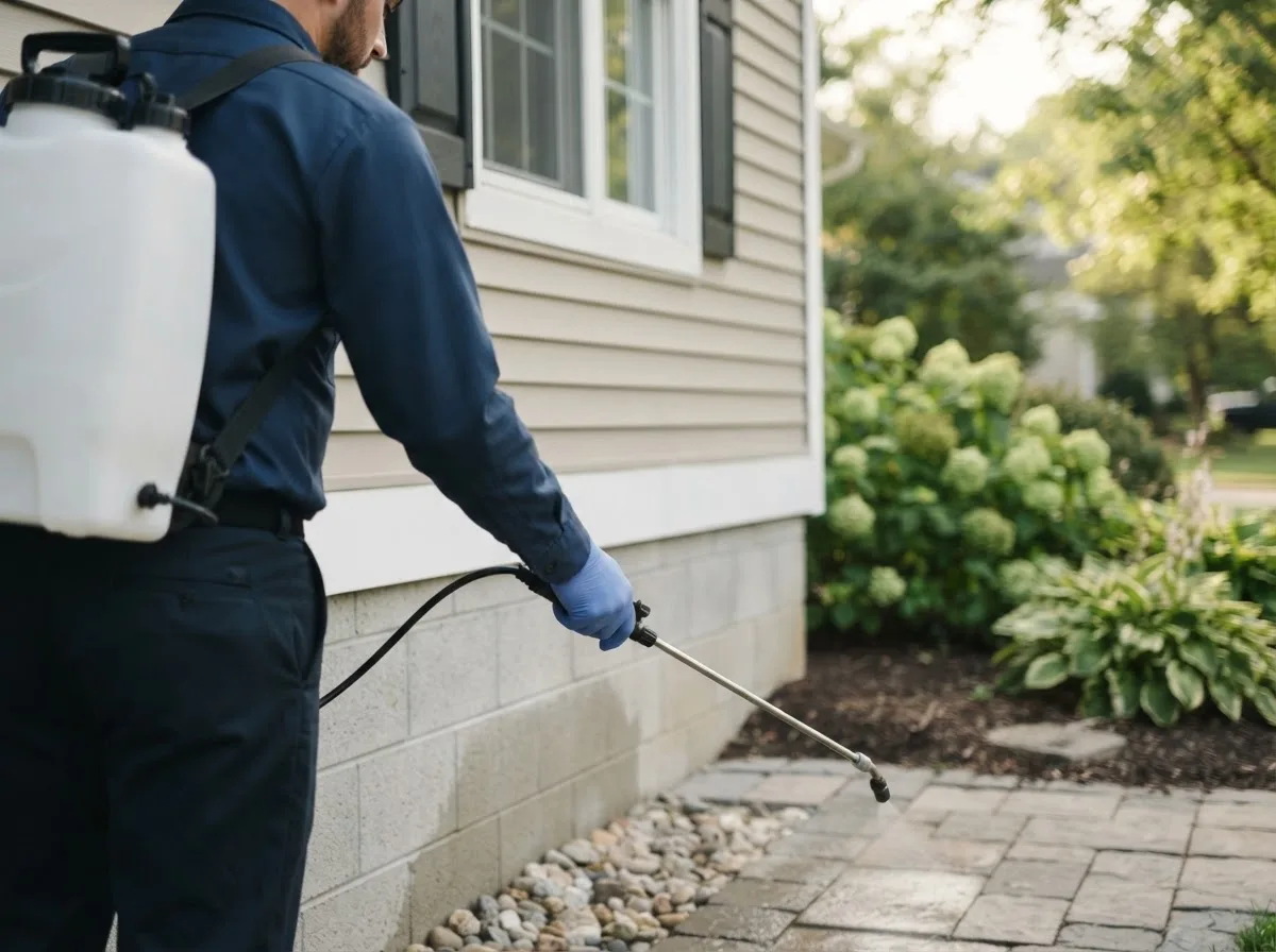 Pest control technician inspecting a home in Paupack, PA